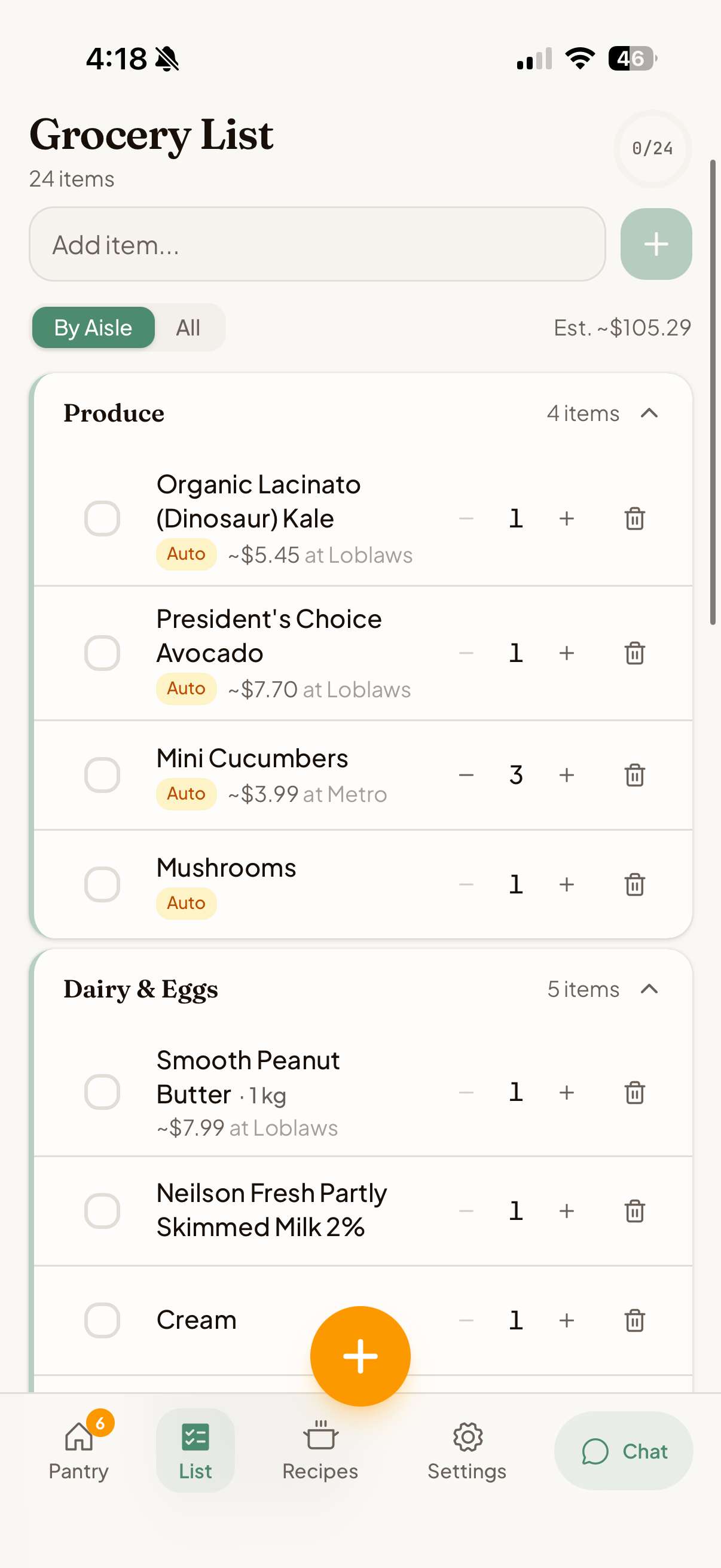 Smart grocery list grouped by aisle
